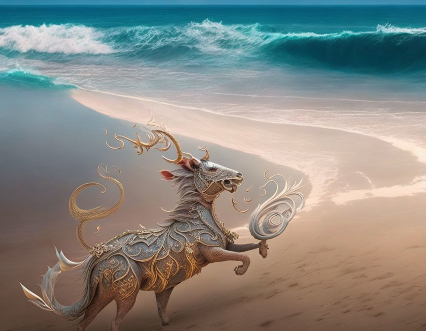 Armored dragon-horse creature with golden designs on beach.