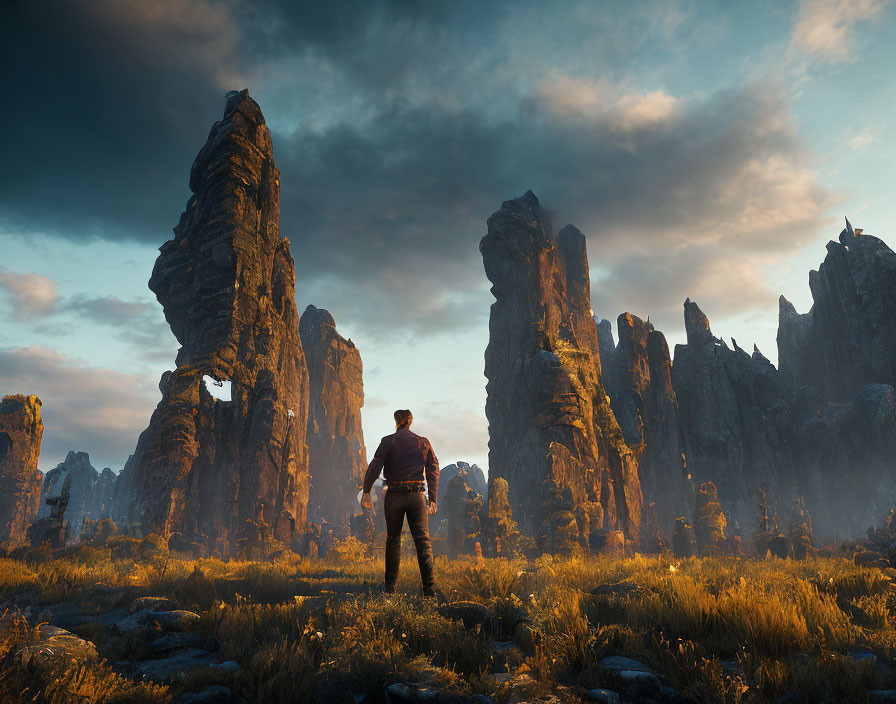 Person standing among towering rock formations at sunset with dramatic sky and grass field.