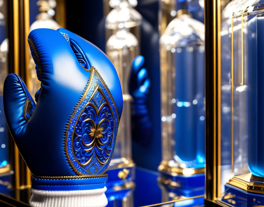 Luxurious Blue Boxing Glove with Gold Embroidery in Elegant Display Case