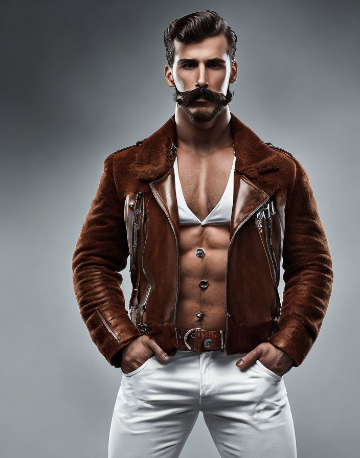 Styled mustache and beard on man in fur-lined jacket and white pants against gray background