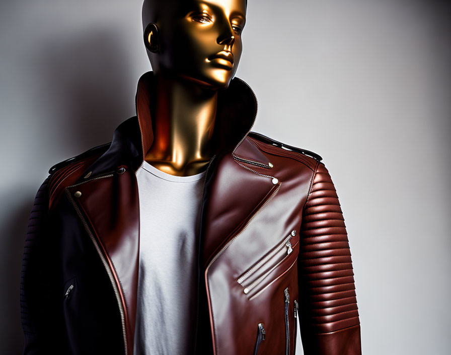 Metallic Mannequin in Red and Black Leather Jacket on White Shirt Background