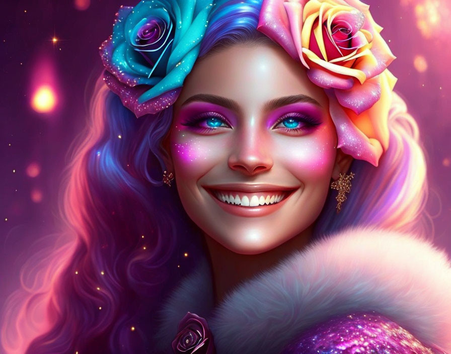 Smiling woman with blue eyes, roses in purple hair, glittery outfit