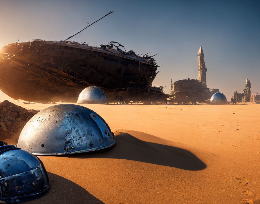 Derelict spaceship buried in desert sand with metallic domes under hazy sky