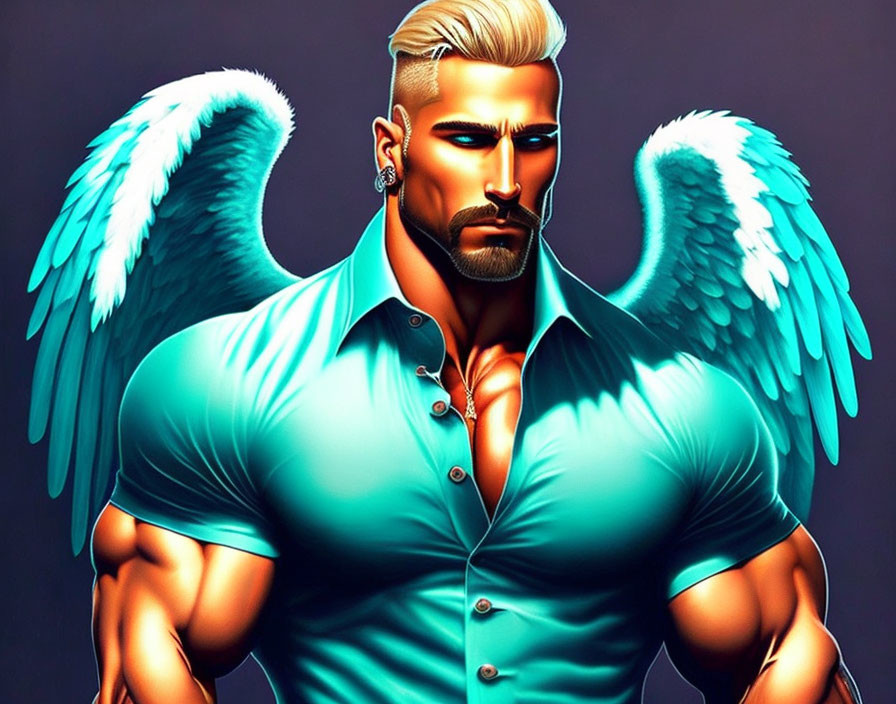 Muscular man with white wings, blond hair, beard, earring, and blue shirt