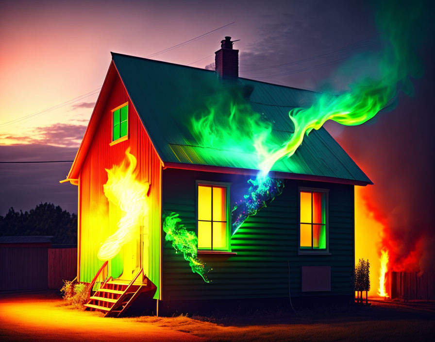 Colorful House with Green and Red Smoke in Twilight Sky