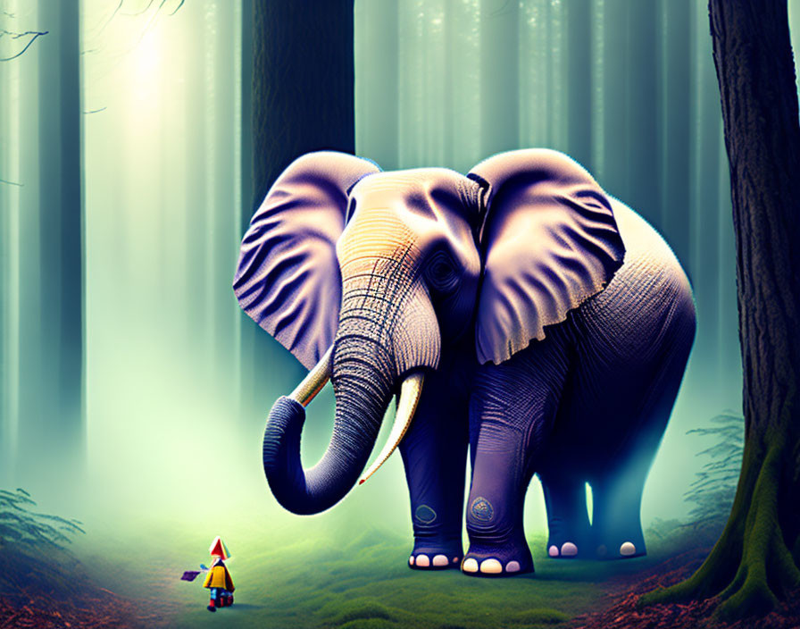 Elephant in mystical forest with fog and beams of light facing small colorful person