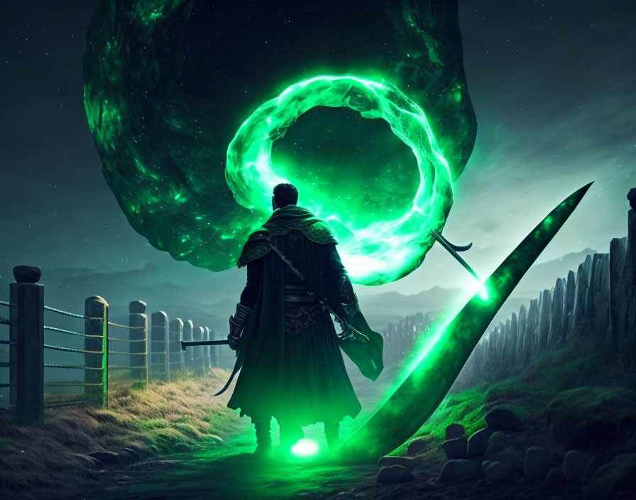 Cloaked Figure with Large Sword at Green Portal under Night Sky