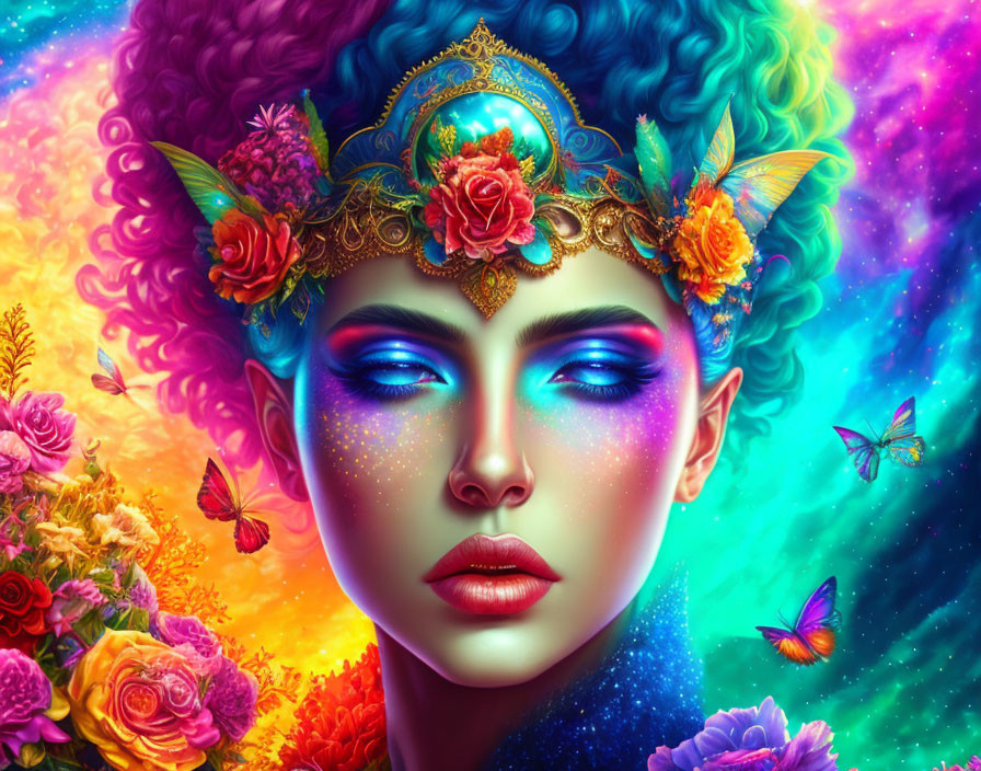 Colorful portrait of woman with rainbow hair and butterflies in floral setting