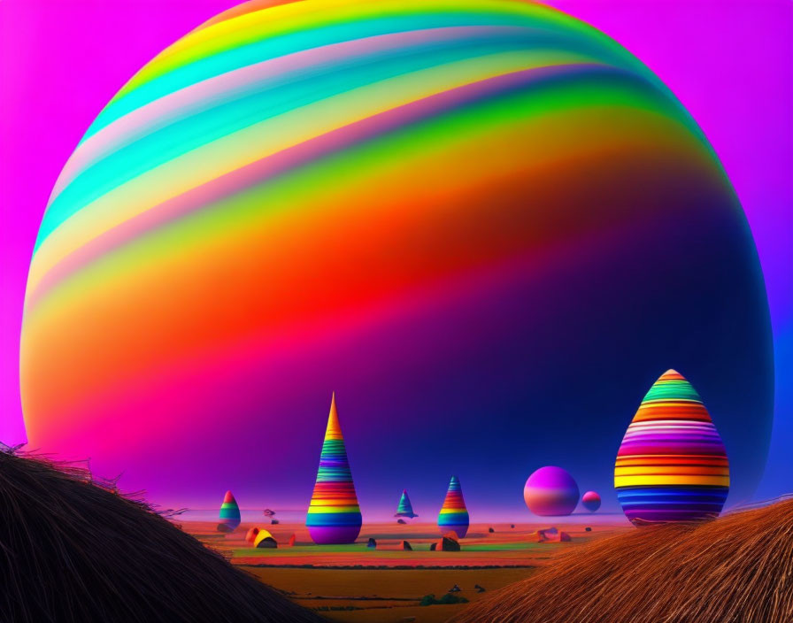 Colorful digital artwork: Large rainbow sphere with striped conical and egg shapes on pink and purple backdrop