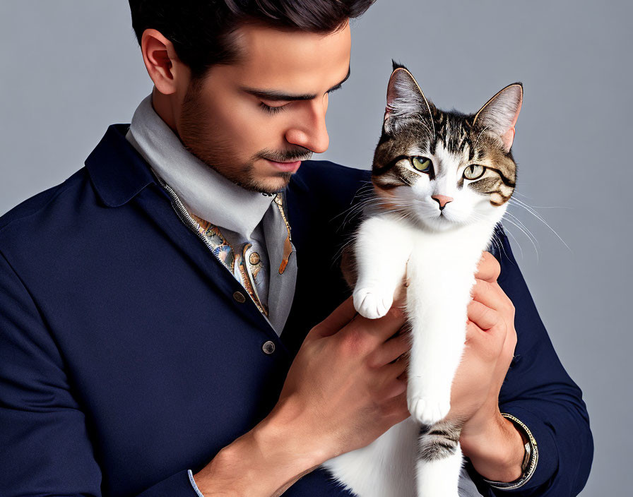 Stylish man holding tabby cat on grey background