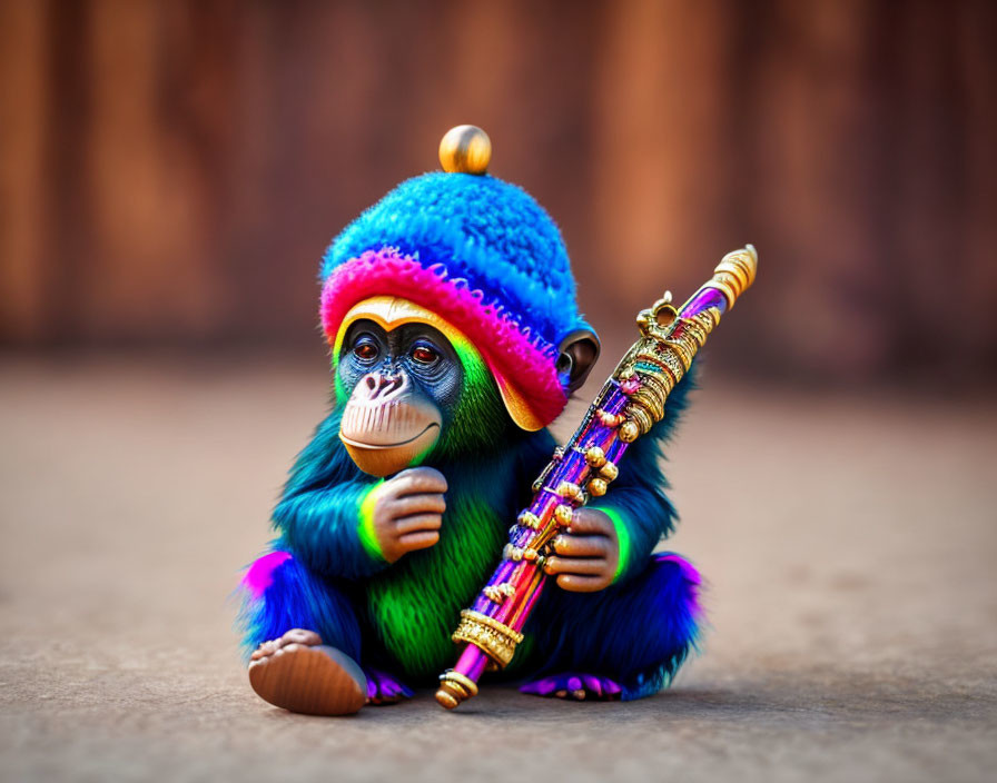 Colorful Toy Monkey with Blue Hat Playing Saxophone on Textured Surface