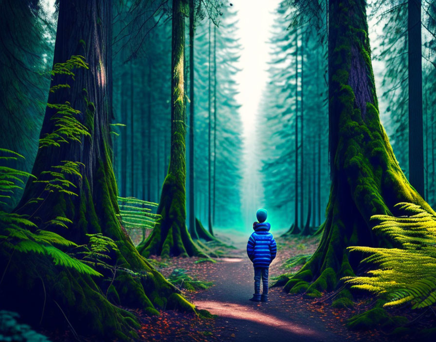 Child in Blue Striped Jacket on Forest Path with Bright Light