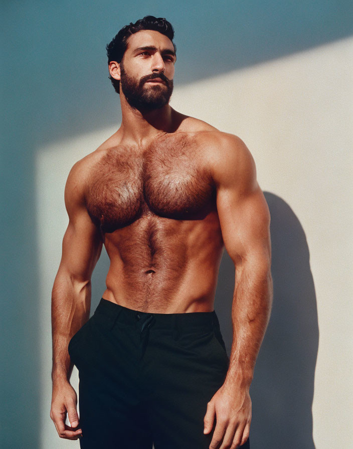 Muscular bearded man in sunlight with defined chest and abs.