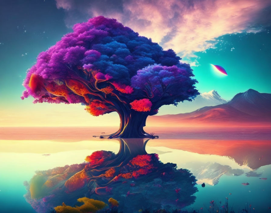 Colorful tree in surreal landscape with comet and mountains