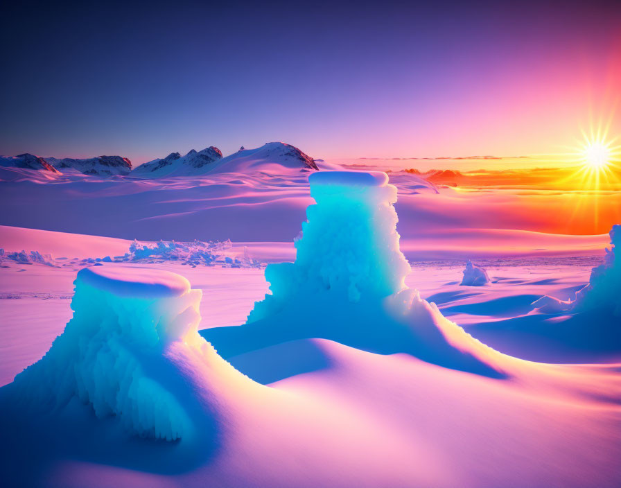 Snowy landscape with vibrant sunset colors & icy formations