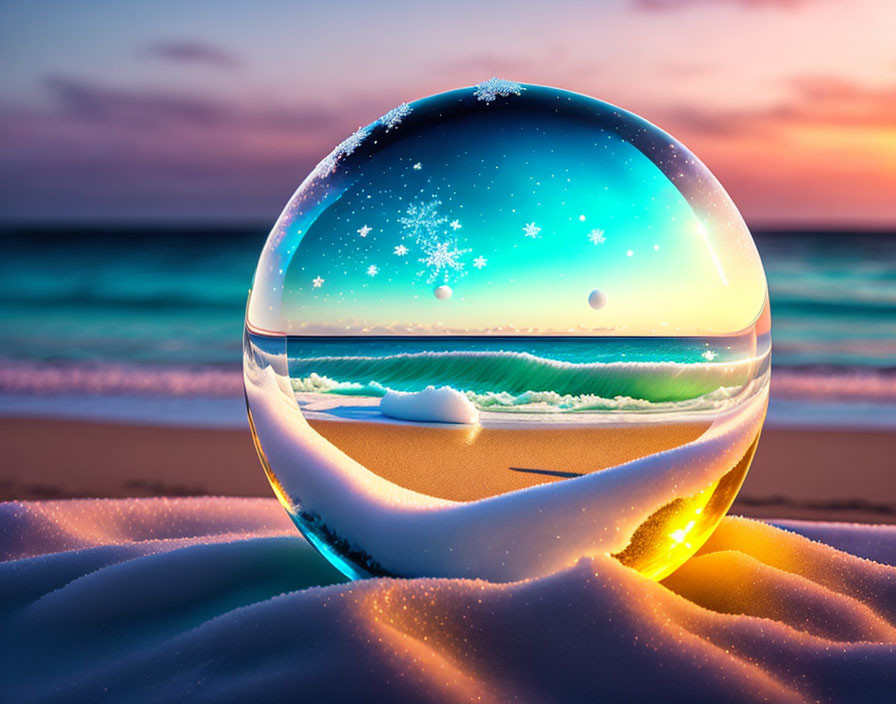 Crystal ball on sandy beach reflecting winter scene with snowflakes, warm sunset, and tranquil ocean.