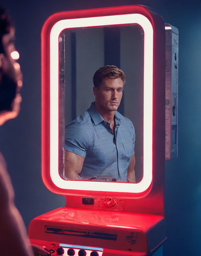 Man in blue shirt reflects in neon-lit mirror with blurred profile.