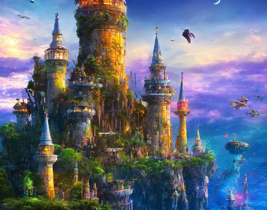 Fantastical landscape with illuminated castles and flying creatures