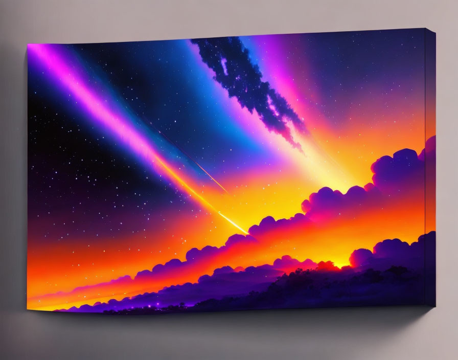 Surreal sunset canvas print with vibrant purple, orange, and blue hues