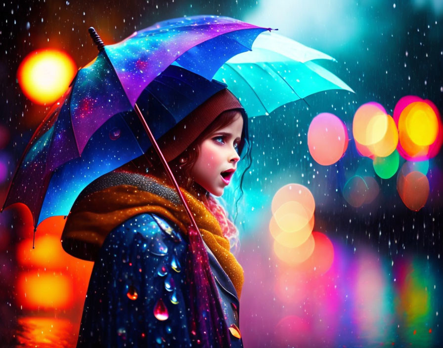 Young girl with colorful umbrella in rainy scene and twinkling lights