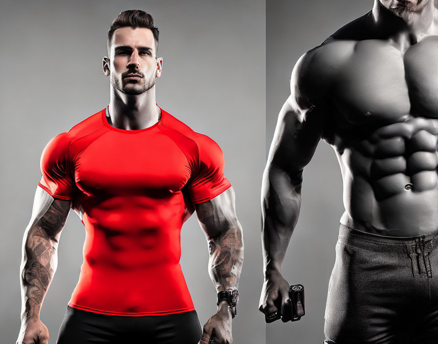 Muscular Man in Red Shirt Next to Fit Torso on Grey Background