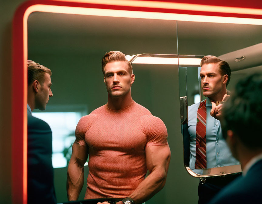 Muscular man in red shirt creates triple reflection with man in suit observing from behind