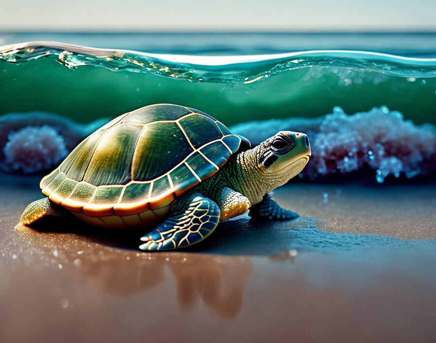 Sea turtle on sandy shore with cresting wave and clear blue sky