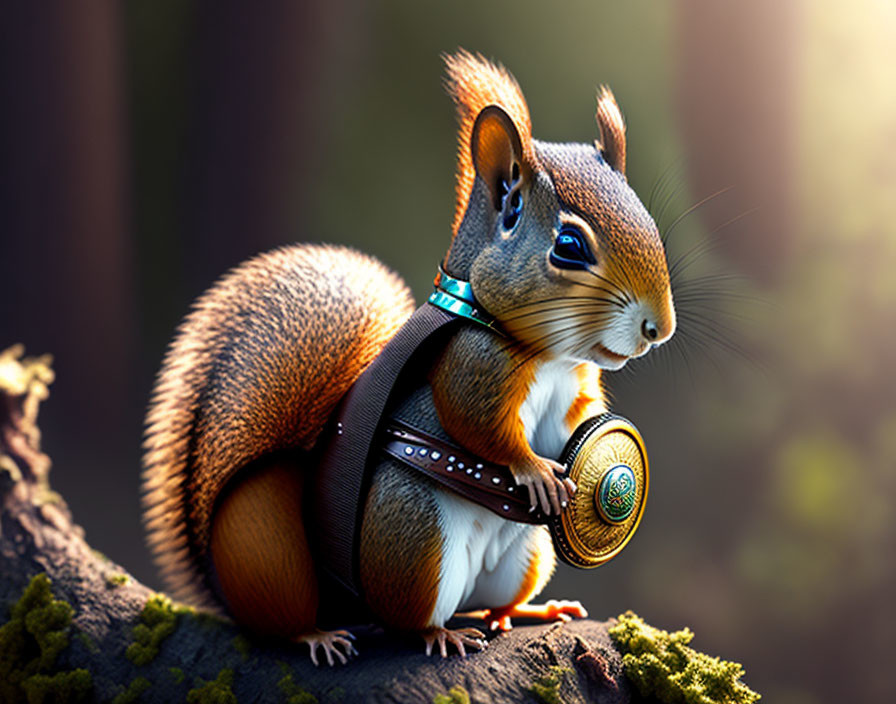 Colorful squirrel with studded collar and backpack holding a golden coin on tree branch