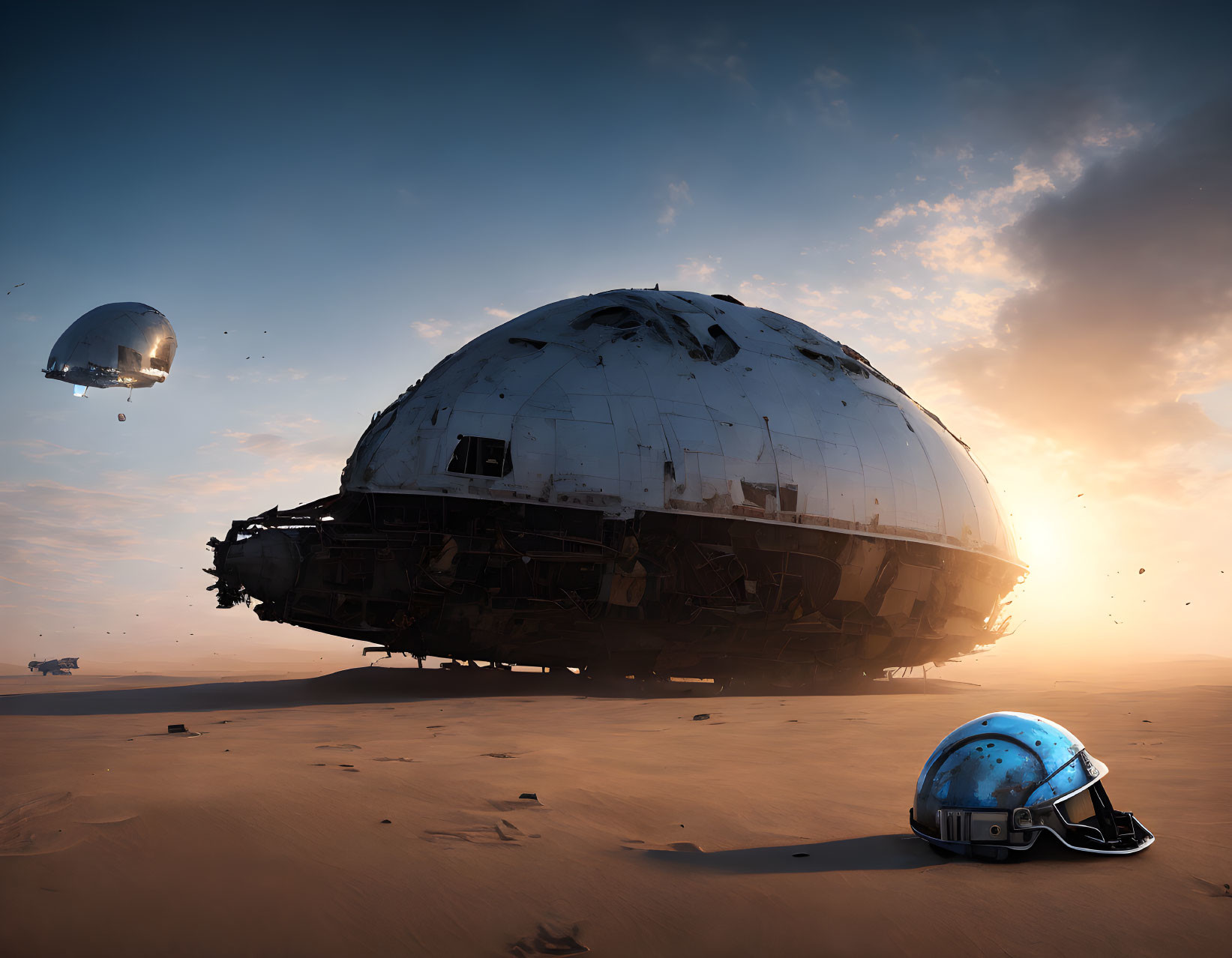 Abandoned dome spaceship in desert with astronaut helmet