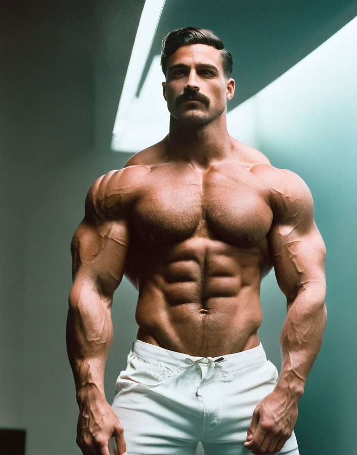 Muscular man with mustache in white pants showcasing sculpted upper body