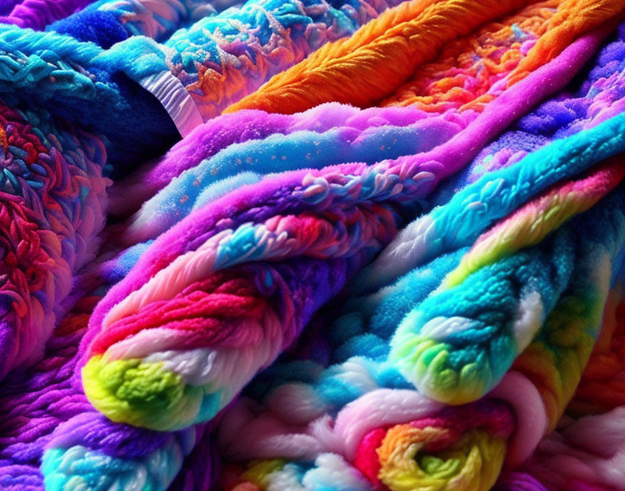 Colorful Close-Up of Stacked Plush Blankets in Blues, Pinks, Purples