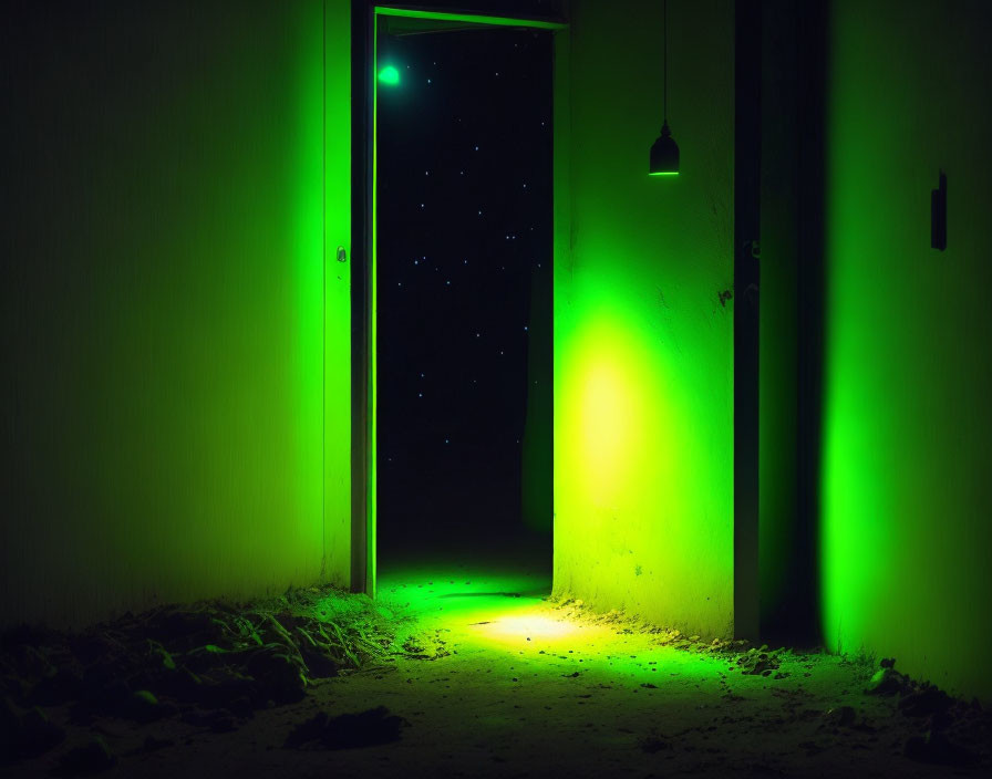 Open door casting green light into dark room with hanging bulb and star-like lights visible.