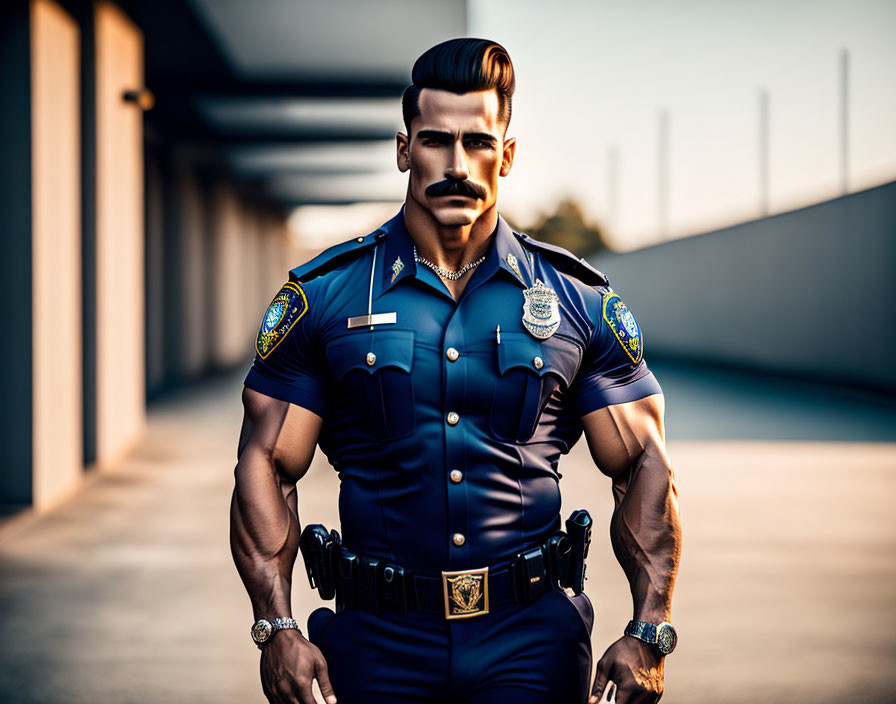 Muscular police officer in uniform with sunglasses and badge