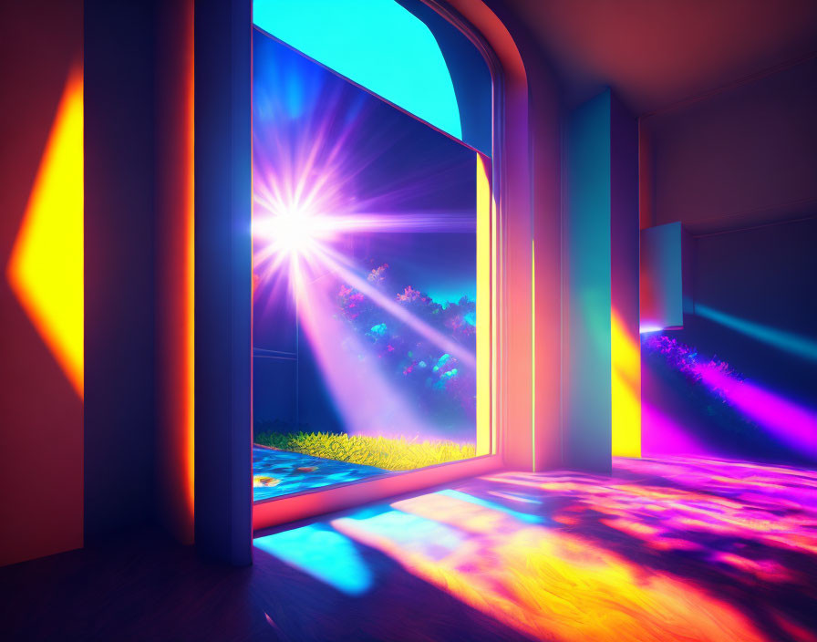 Sunlit room with vibrant colors and surreal landscape view