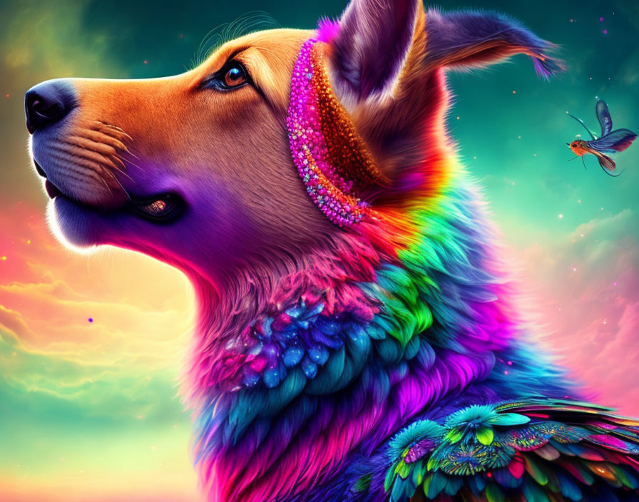 Colorful surreal dog with rainbow fur and headband gazing at butterfly in vibrant sky