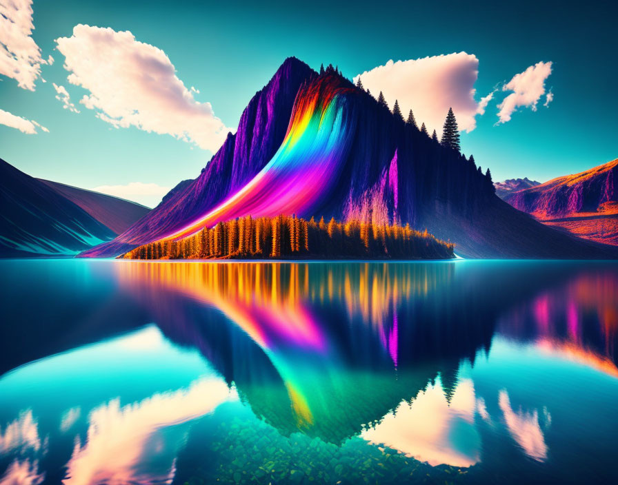 Vibrant rainbow colors reflect on tranquil lake in surreal landscape