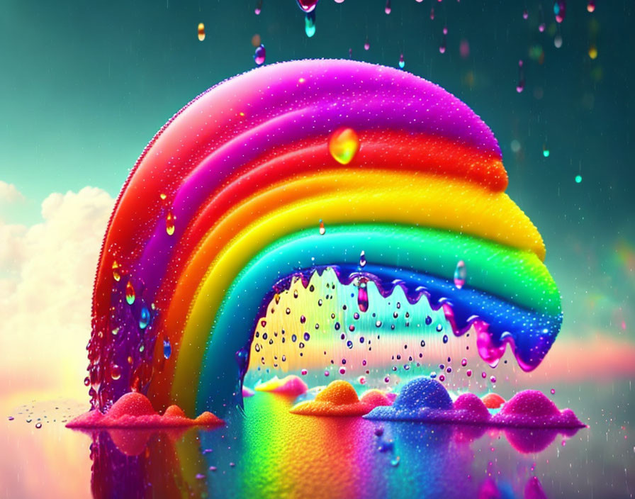 Colorful Rainbow Artwork with Glittering Water Droplets and Pastel Sky