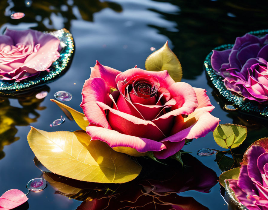 Bi-Colored Rose Floating on Water with Pink and Crimson Petals