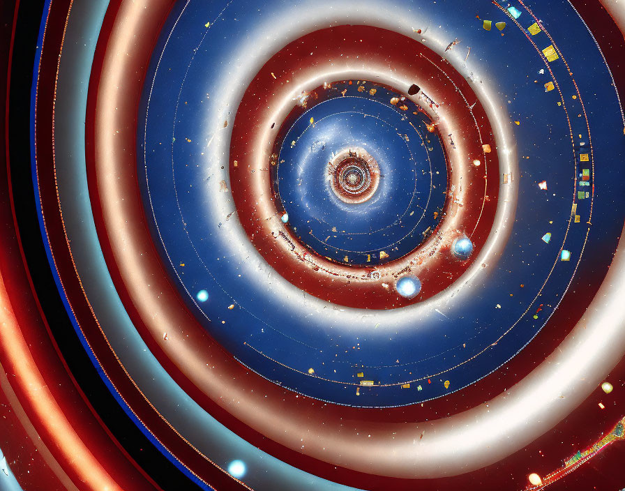 Cosmic concentric circles with stars and nebulous clouds on blue background