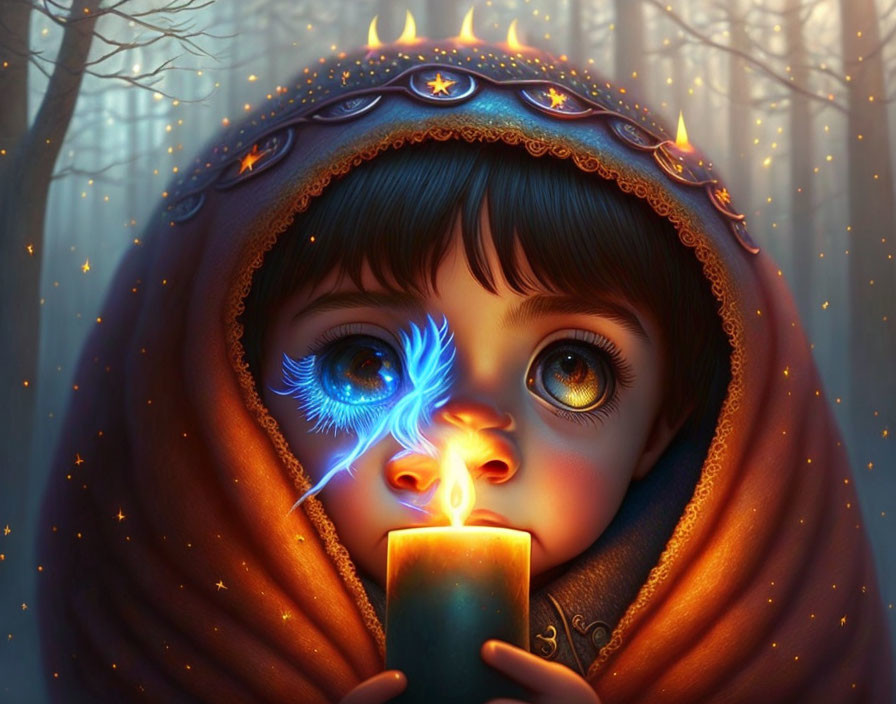 Child in starry cloak holds glowing candle in mystical forest