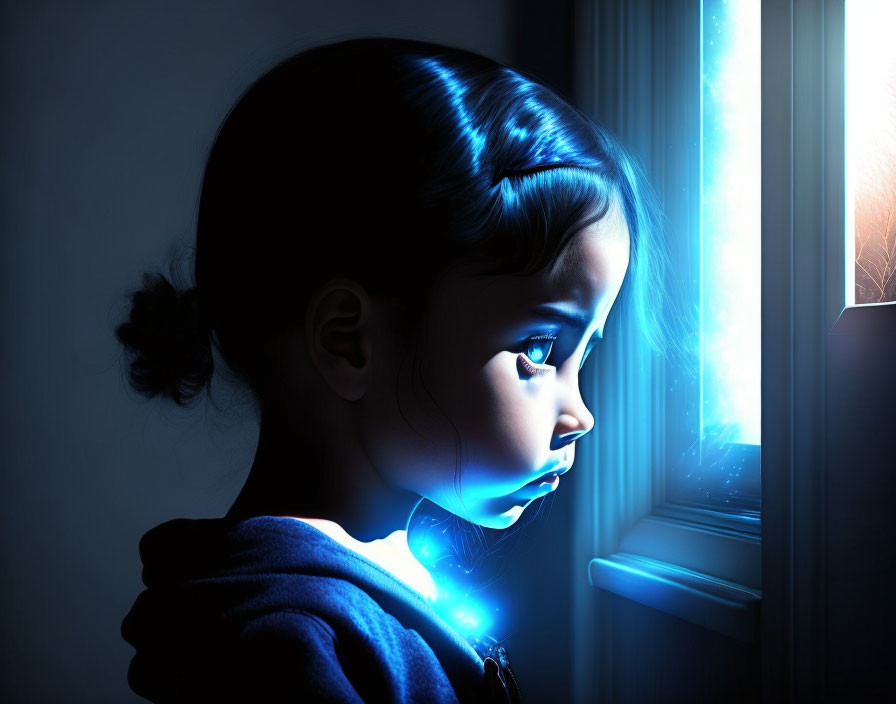 Young girl with bun in blue light gazing out window