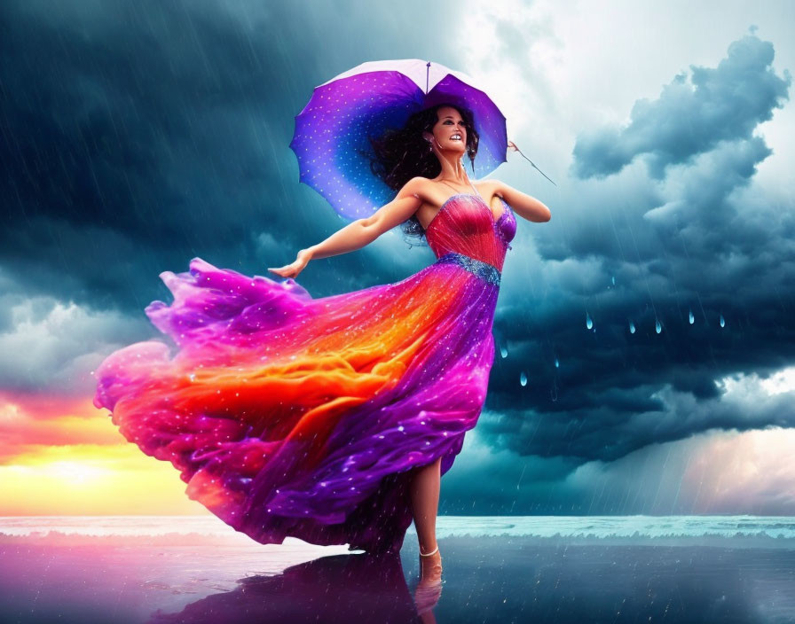 Colorful dress woman twirling under purple umbrella in dramatic rainstorm