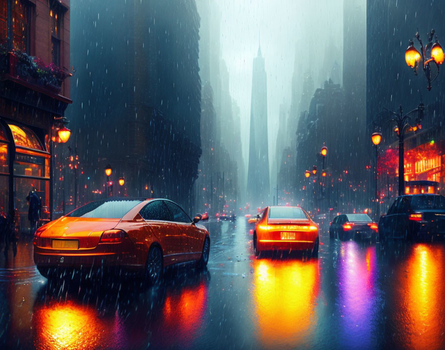 Twilight city street with rain-soaked reflections