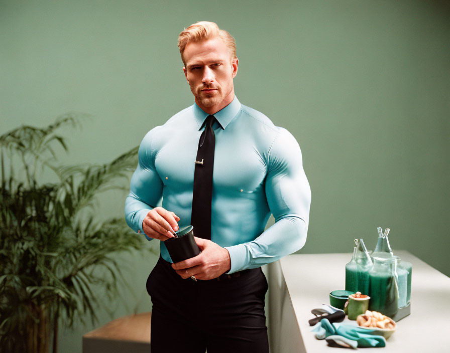 Muscular man in blue shirt and tie with wristwatch by grooming products and greenery.