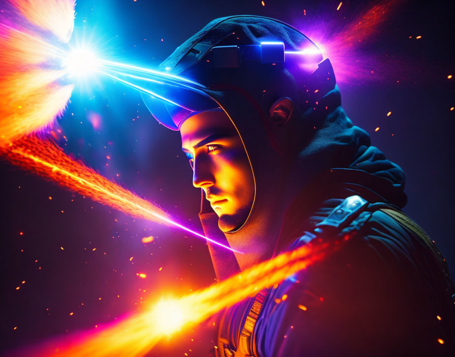 Person in Tactical Gear with Glowing Visor Surrounded by Colored Light Beams