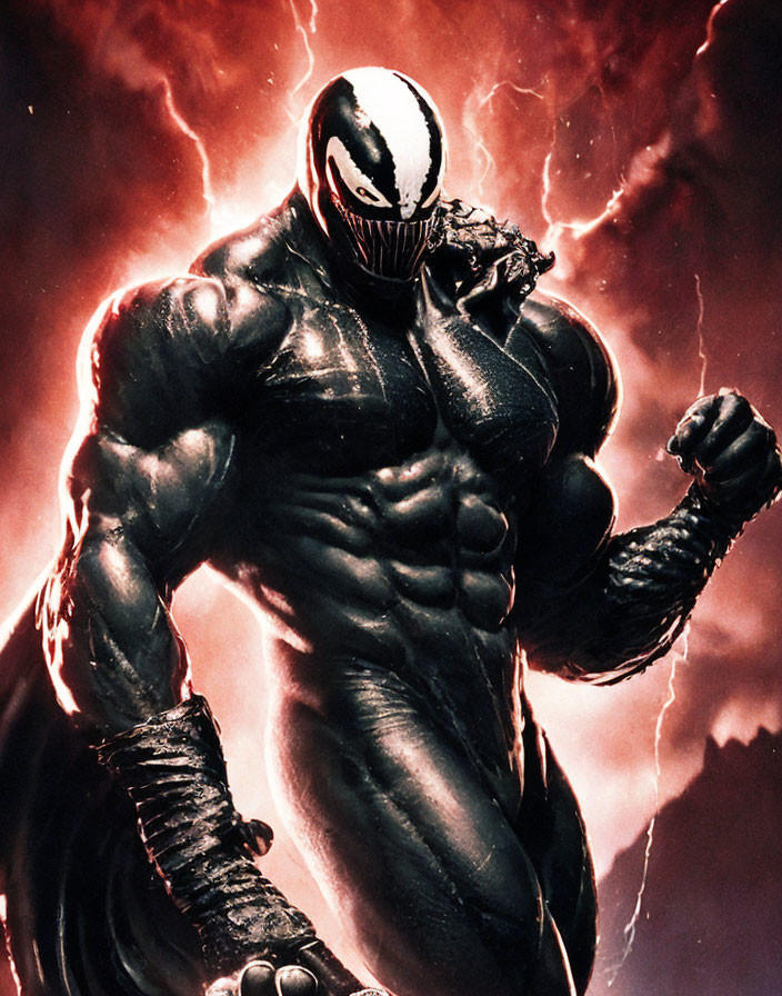 Muscular figure in black and white symbiote suit with white eyes and fangs, lightning backdrop