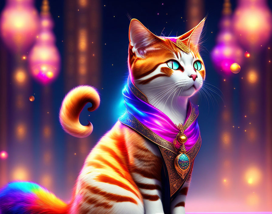 Majestic animated cat with golden crown in fantastical setting