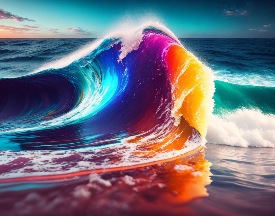 Vibrant blue, purple, and yellow wave against sunset sky