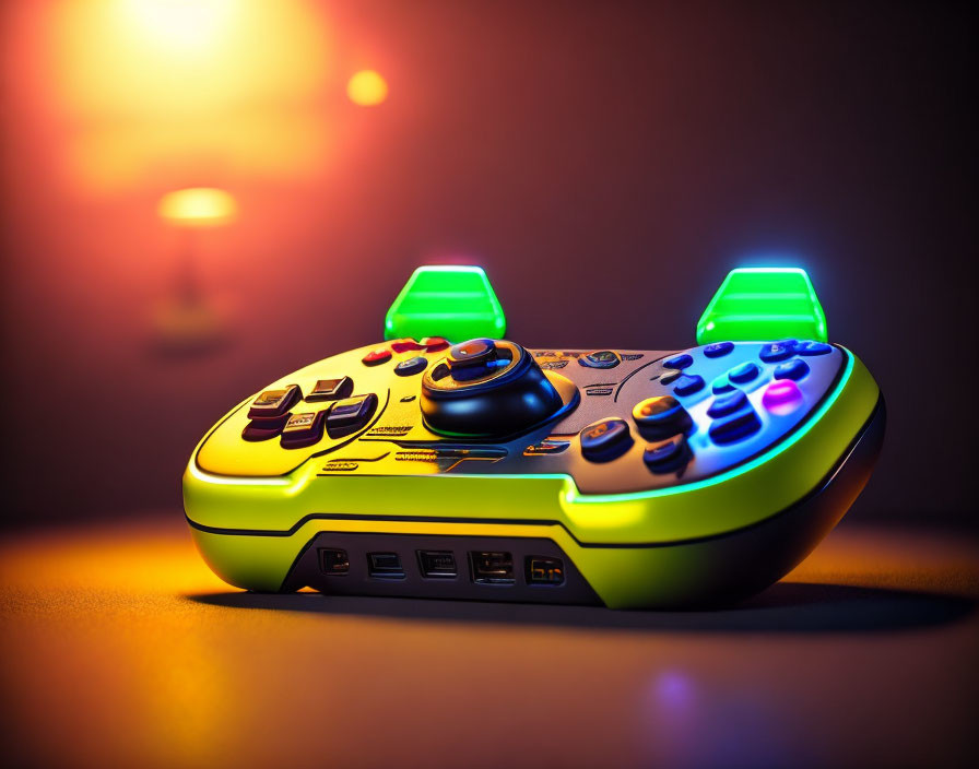 Neon Green Accented Illuminated Gaming Controller on Dark Background