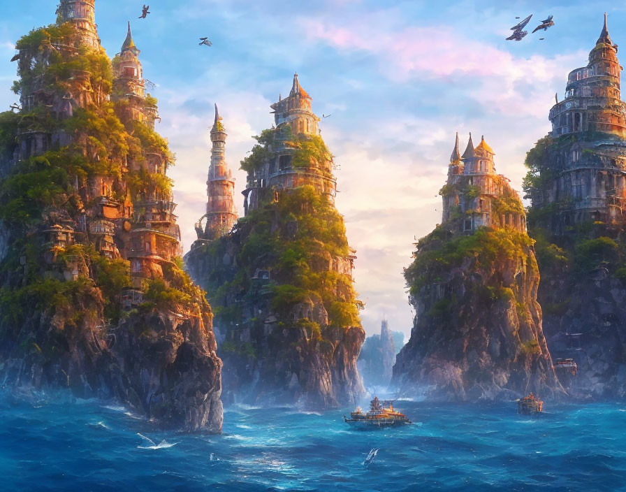 Majestic sea cliffs with towering spires under golden sunlight.